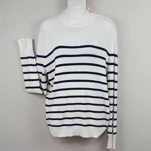 Anne Klein Womens Navy Blue/ White Striped Long Sleeve Knit Sweater sz L